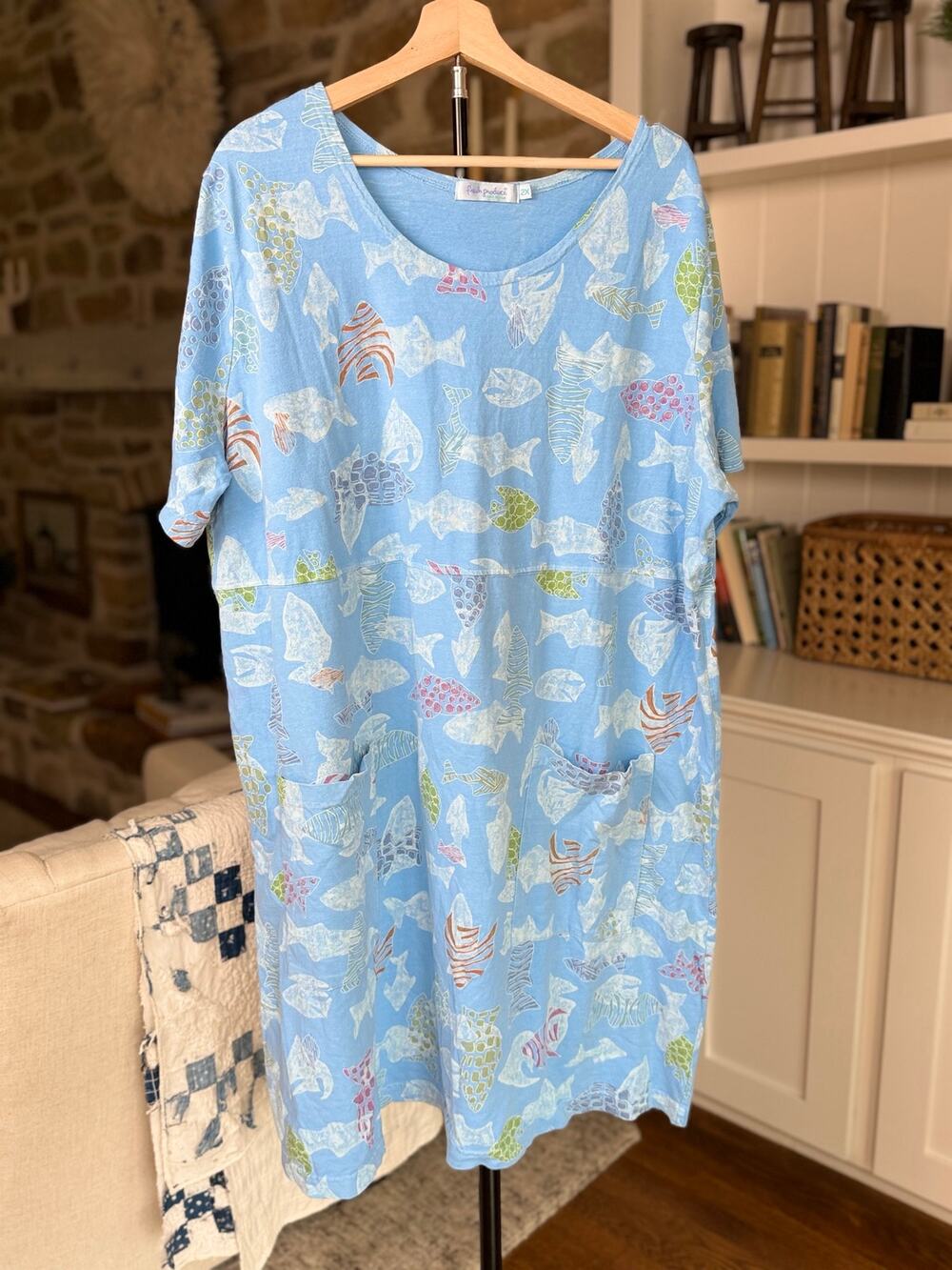 🐟 Fresh Produce Fish Print Pocket Dress | Size 2X | Sky Blue